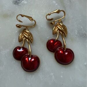 Vintage Avon Gold-Tone Red Enamel Cherry Clip-On Dangle Earrings TikTok Pop Glam